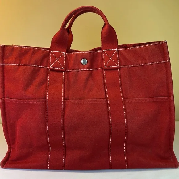 Hermes vintage heavy canvas tote rare red with white detail - Picture 5 of 13